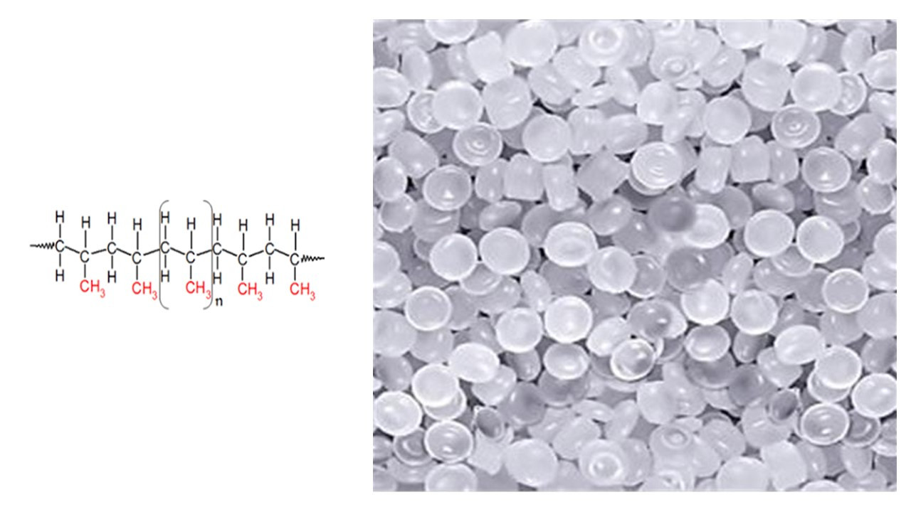 تصویری از گرانول پلی پروپیلن در کنار فرمول شیمیایی این ماده