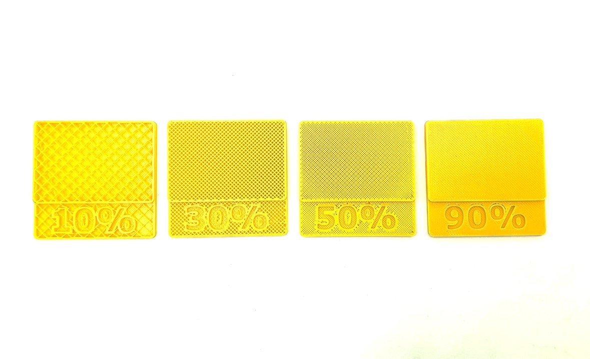نمایی از درصدهای مختلف تراکم برای قطعات تولید شده به روش پرینت سه بعدی FDM.